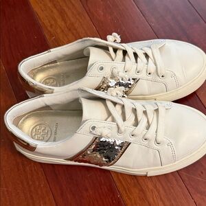 Tory Burch White and Silver Carter Sequin Sneakers Size 5.5. Only worn once.